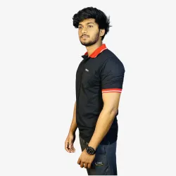 Men's Black Polo T-Shirt with Red Contrast Collar | Modern Slim Fit